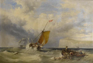 Cúter piloto no. 3 regresando a la costa, con un gran mercante fondeado en la bahía